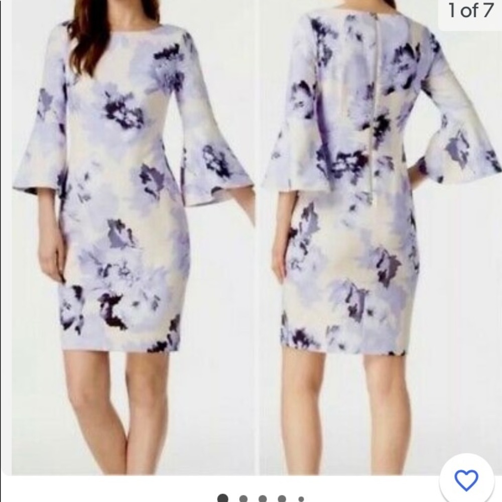 Calvin Klein purple beige peach floral print, bell sleeve dress